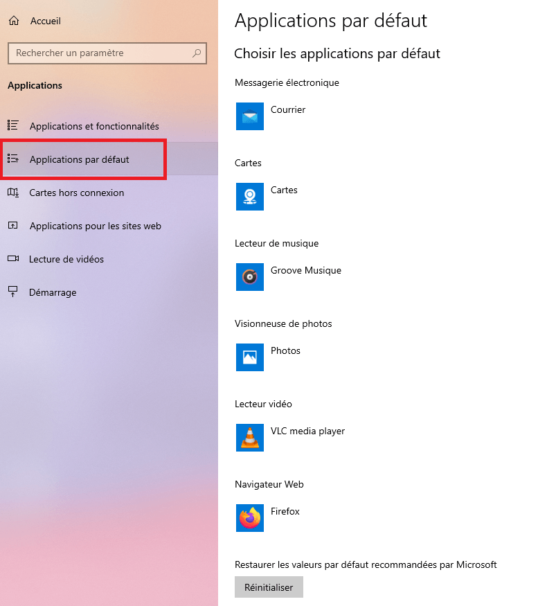 applications par défaut