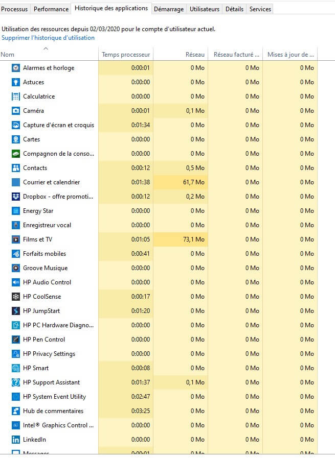 onglet historique des applications