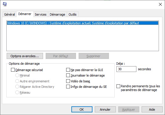 onglet démarrer de msconfig