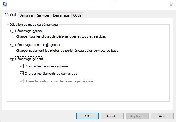 onglet général de msconfig