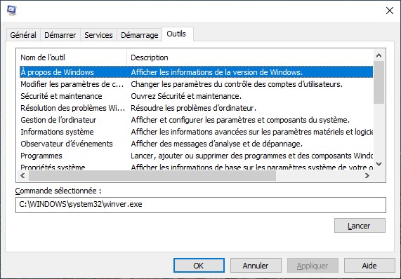 onglet outils de msconfig