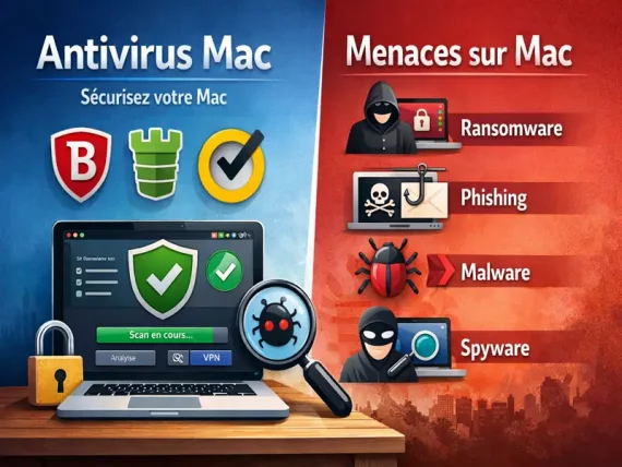 Infographie illustrant les antivirus Mac et les principales menaces macOS : ransomware, phishing, malware et spyware.