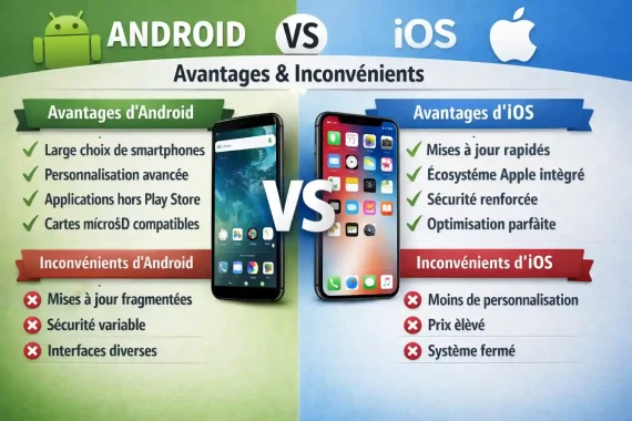 Infographie comparative Android vs iOS présentant les avantages et inconvénients des deux systèmes mobiles.