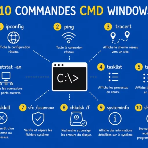 Les 10 commandes CMD Windows indispensables pour diagnostiquer, réparer et optimiser un ordinateur Windows.