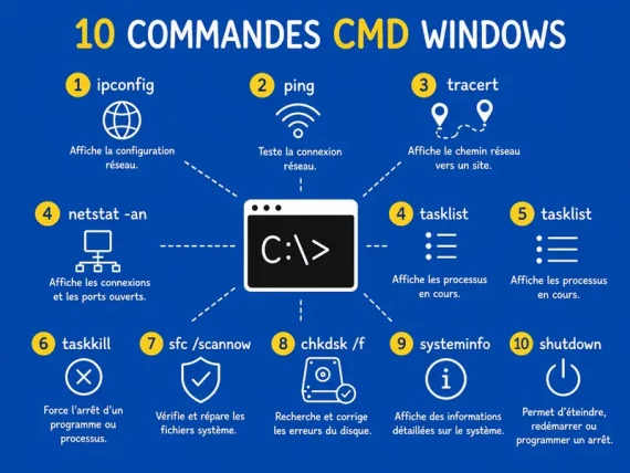 Les 10 commandes CMD Windows indispensables pour diagnostiquer, réparer et optimiser un ordinateur Windows.